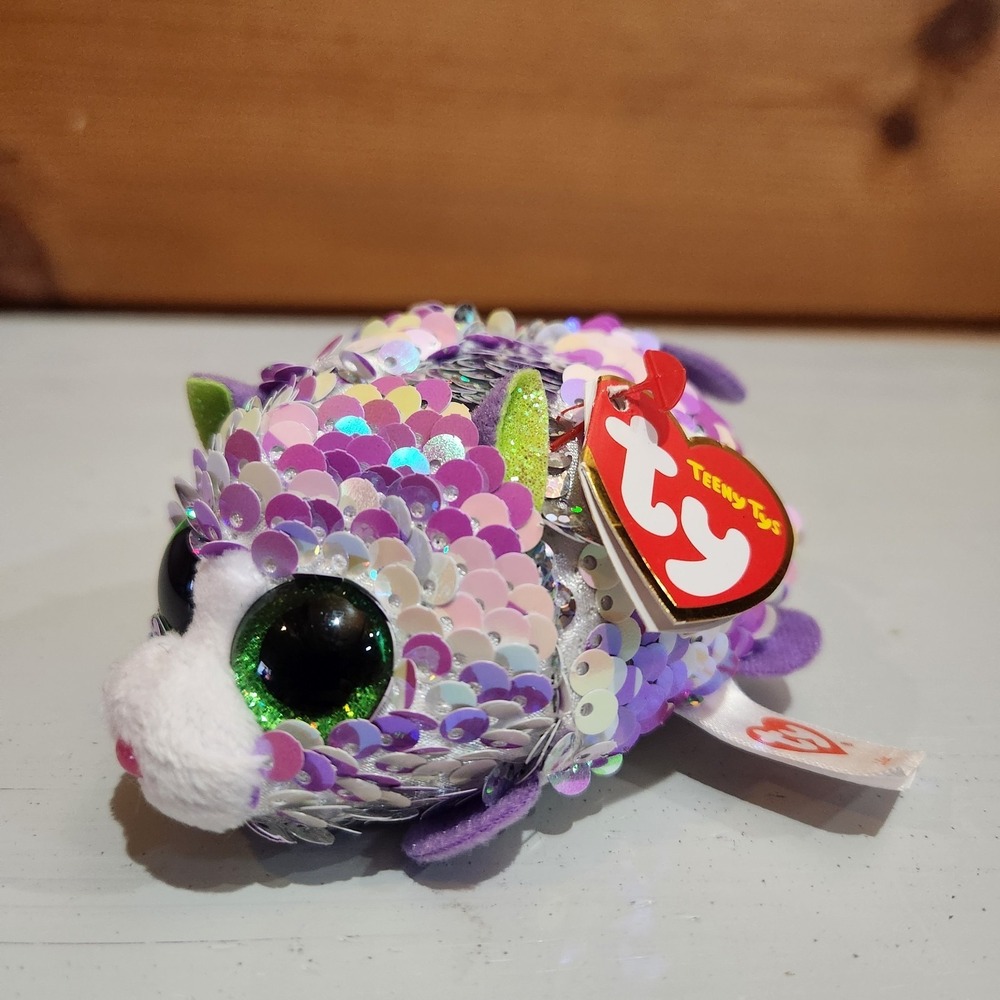 TY Teeny Tys Lilac Cat 4" FLIPPABLES SEQUINS May 29 Birthday Plush Stackable